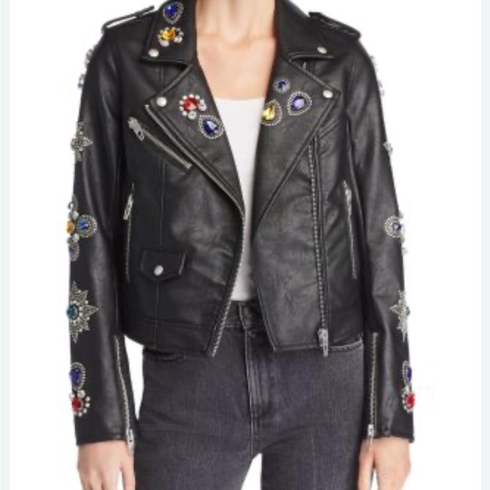 Bagatelle Women’s Gold Digger Jewel Embellished Faux Leather Jacket Size XS Bla…